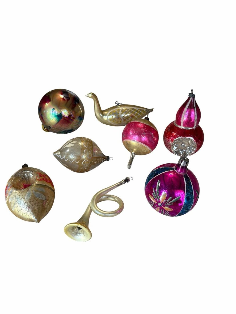 Eight antique Christmas ornaments over 50 years old some have wear so delicate